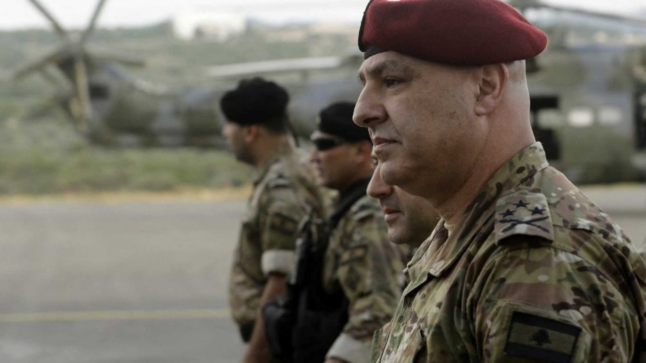 LEBANON-US-MILITARY General Joseph Aoun (R), the Lebanese Army Chief of Staff, arrives to attend a handover ceremony organised by the Lebanese Armed Forces of four A-29 Super Tucano aircraft given by the US at Hamat airbase, north of Beirut on June 12, 2018. - Lebaneon received the second lot of four A-29 Super Tucano aircraft on June 12, from the US government, in its bid to assist the Lebanese armed forces. (Photo by JOSEPH EID / AFP)