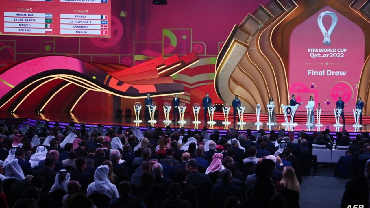 A picture shows a general view during the draw for the 2022 World Cup in Qatar at the Doha Exhibition and Convention Center on April 1, 2022. (Photo by FRANCK FIFE / AFP)