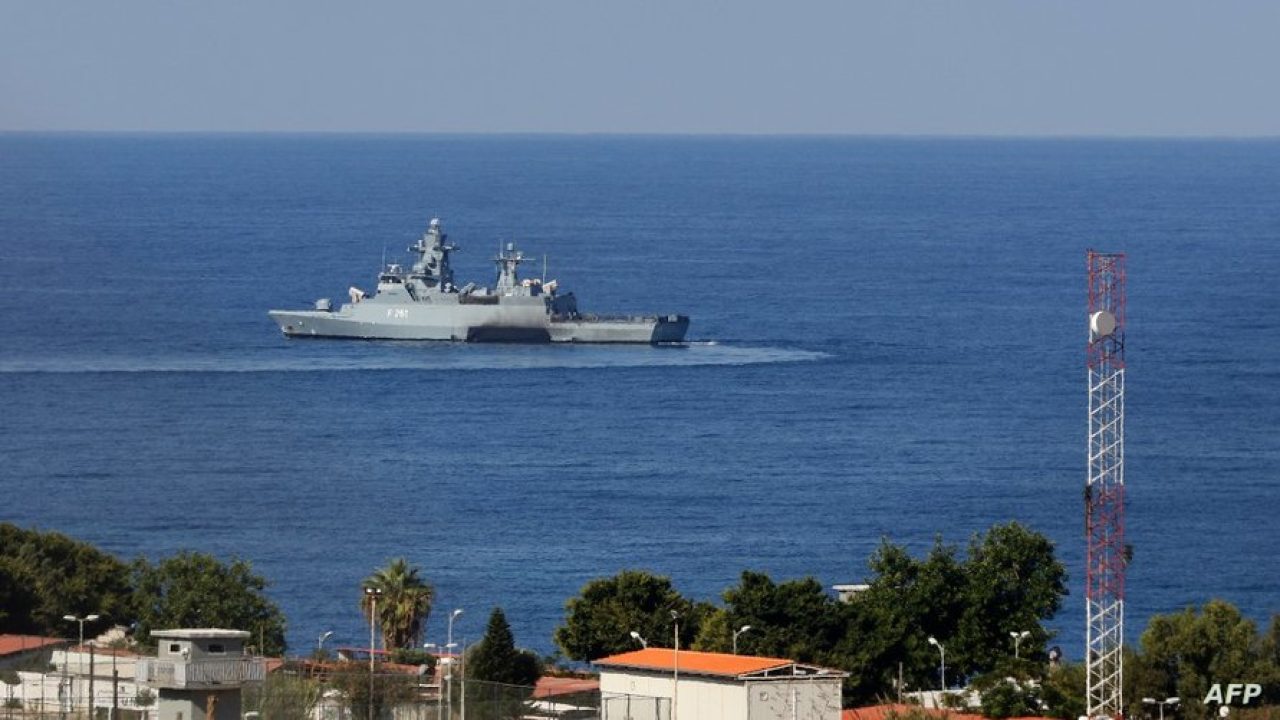 LEBANON-ISRAEL-CONFLICT-BORDER A United Nations ship is pictured in the southernmost area of Naqura, by the border with Israel, on October 14, 2020. - Lebanon and Israel, still technically at war, began unprecedented talks sponsored by the United Nations and the United States today to settle a maritime border dispute and clear the way for oil and gas exploration. (Photo by Mahmoud ZAYYAT / AFP)