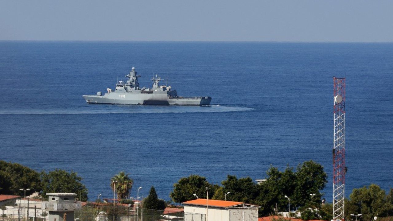LEBANON-ISRAEL-CONFLICT-BORDER A United Nations ship is pictured in the southernmost area of Naqura, by the border with Israel, on October 14, 2020. - Lebanon and Israel, still technically at war, began unprecedented talks sponsored by the United Nations and the United States today to settle a maritime border dispute and clear the way for oil and gas exploration. (Photo by Mahmoud ZAYYAT / AFP)