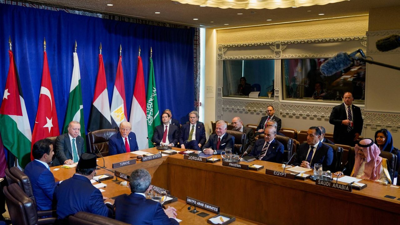 U.S. President Donald Trump speaks next to U.S. Secretary of State Marco Rubio and U.S. Treasury Secretary Scott Bessent during a multilateral meeting with Turkey's President Tayyip Erdogan,  Jordan's King Abdullah, Pakistan's Prime Minister Shehbaz Sharif, Egypt's Prime Minister Mostafa Madbouly, Saudi Arabia's Foreign Minister Faisal bin Farhan Al-Saud, Qatar's Emir Sheikh Tamim bin Hamad Al Thani, Indonesia's President Prabowo Subianto and United Arab Emirates' Deputy Prime Minister and Minister of Foreign Affairs Abdullah bin Zayed Al Nahyan, during the 80th United Nations General Assembly, in New York City, New York, U.S., September 23, 2025. REUTERS/Al Drago