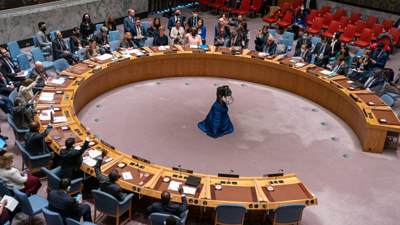 NEW YORK, NY - MARCH 23: Security council members cast their votes on the resolution during the United Nations Security Council meeting at United Nations headquarters on March 23, 2022 in New York City. The security council considers two rival resolutions, one that is supported by Ukraine and other Western member states that will place blame on Russia for the growing humanitarian crisis and one sponsored by South Africa that does not mention Russia. The Security Council will also take up a vote on a third resolution that is sponsored by Russia that does not refer to the invasion of Ukraine. (Photo by David Dee Delgado/Getty Images)