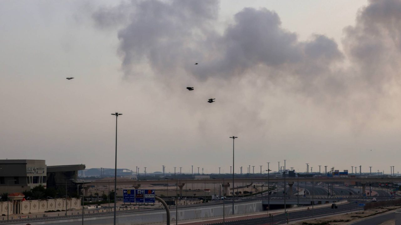 02 March 2026, Qatar, Doha: Smoke rise as Qatari air defenses intercepted Iranian missiles using the Patriot missile defense system over Doha. Qatar shot down two Iranian fighter jets on Monday, the Ministry of Defence said, marking a further escalation since the current conflict erupted two days ago. Photo: Stringer/dpa