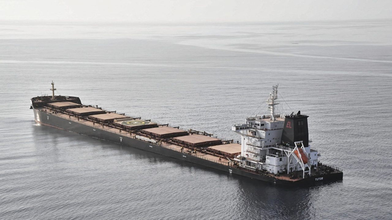 In this photo released by the Etat-Major des Armées, the MV Tutor sinks in the Red Sea after it was struck by a Houthi drone vessel, Wednesday, June 12, 2024. The bulk carrier sank days after an attack by Yemen's Houthi rebels believed to have killed one mariner on board, authorities said early Wednesday,  June 19, the second-such ship to be sunk in the rebel campaign. (Etat-Major des Armées/France via AP)