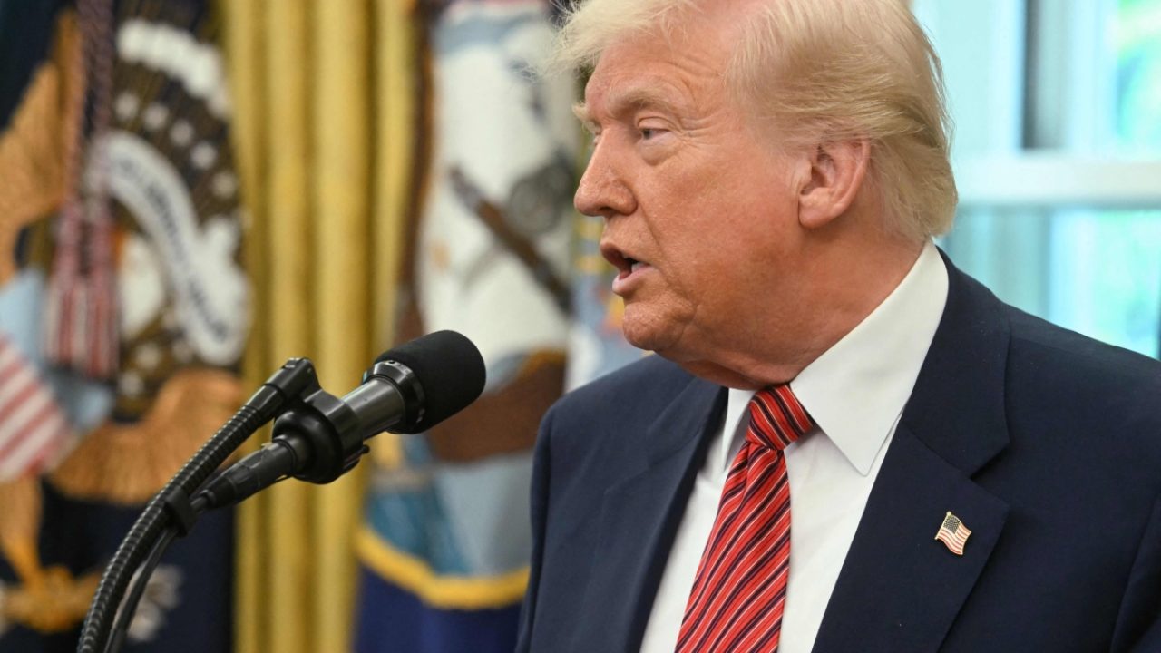 US President Donald Trump speaks during a swearing-in ceremony for the Ambassador to China, former Republican Senator of Georgia, David Perdue at the White House in Washington, DC, May 7, 2025. (Photo by Jim WATSON / AFP)
