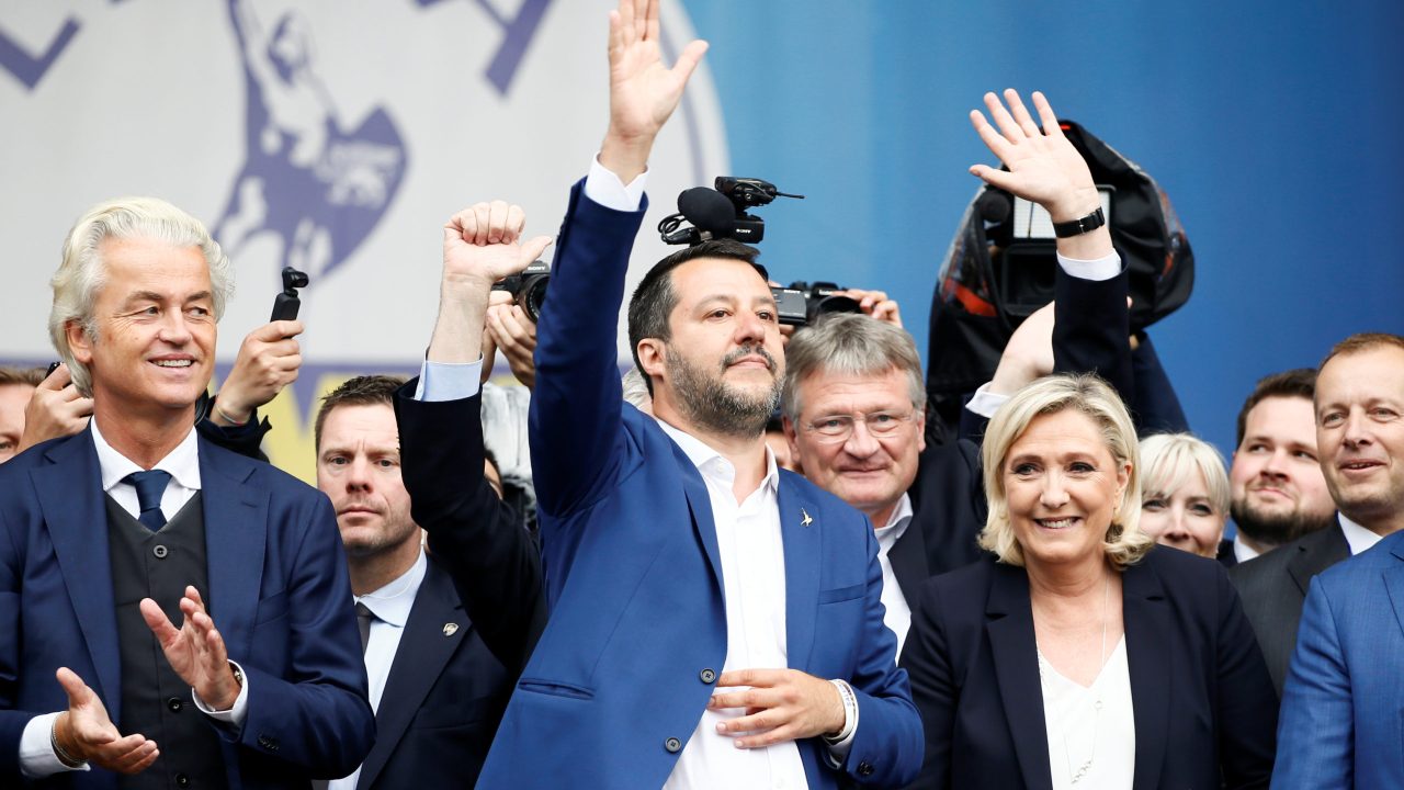 Geert Wilders, leader of Dutch party PVV (Party for Freedom), Italy's Deputy Prime Minister Matteo Salvini, Marine Le Pen, leader of French National Rally party attend a major rally of European nationalist and far-right parties ahead of EU parliamentary elections in Milan, Italy May 18, 2019. REUTERS/Alessandro Garofalo