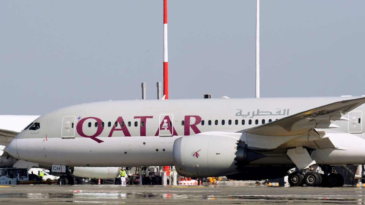 FILE PHOTO: A Qatar Airways  Boeing 787-8 Dreamliner airplane is pictured at Leonardo da Vinci-Fiumicino Airport in Rome, Italy, March 30, 2019. REUTERS/Alberto Lingria/File Photo