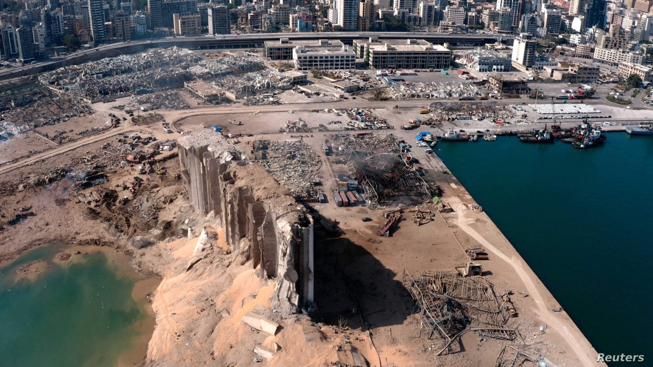 A still image taken from a drone footage shows the damage two days after an explosion in Beirut's port area, Lebanon August 6, 2020. Reuters TV/via REUTERS