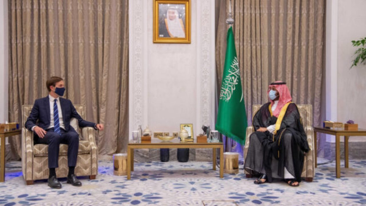 White House senior adviser Jared Kushner meets Saudi Crown Prince Mohammed Bin Salman during his visit to Riyadh, Saudi Arabia White House senior adviser Jared Kushner (L) meets Saudi Crown Prince Mohammed Bin Salman (R) during his visit to Riyadh, Saudi Arabia, September 1, 2020. Saudi Press Agency/Handout via REUTERS ATTENTION EDITORS - THIS PICTURE WAS PROVIDED BY A THIRD PARTY.