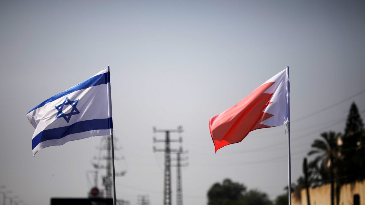 FILE PHOTO: The flags of Israel and Bahrain flutter along a road in Netanya, Israel September 14, 2020. REUTERS/Nir Elias/File Photo/File Photo