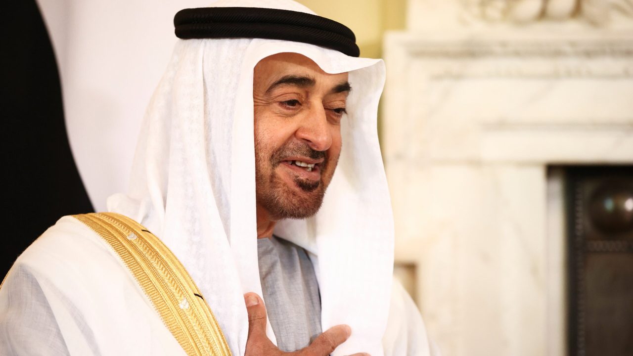 Abu Dhabi's Crown Prince Sheikh Mohammed bin Zayed al-Nahyan speaks as he meets Britain's Prime Minister Boris Johnson in Downing Street, London, Britain, September 16, 2021. REUTERS/Hannah McKay/Pool