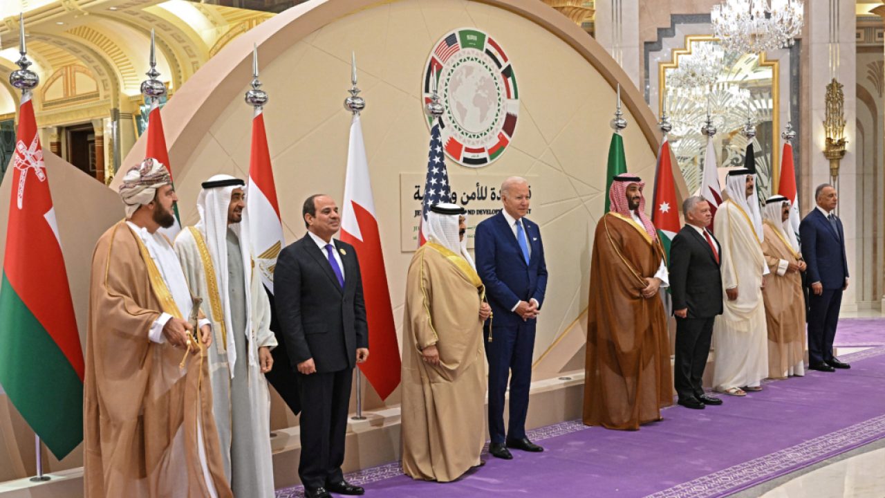 U.S. President Biden visits Saudi Arabia Asaad bin Tariq al-Said, Omani Deputy Prime Minister for International Relations and Cooperation Affairs and the Special Representative of the Sultan; UAE President Sheikh Mohamed bin Zayed al-Nahyan; Egypt's President Abdel Fattah al-Sisi; Bahrain's King Hamad bin Isa bin Salman al-Khalifa; US President Joe Biden; Saudi Crown Prince Mohammed bin Salman; Jordan's King Abdullah II; Qatar's Emir Sheikh Tamim bin Hamad al-Thani; Kuwait's Crown Prince Meshal al-Ahmad al-Jaber al-Sabah; and Iraq's Prime Minister Mustafa Kadhemi pose together for the family photo during the "GCC+3" (Gulf Cooperation Council) meeting at a hotel in Jeddah, Saudi Arabia July 16, 2022. Mandel Ngan/Pool via REUTERS