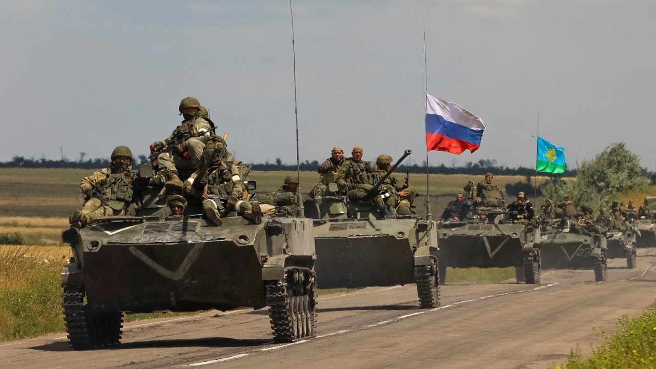 An armoured convoy of Russian troops drives in Russian-held part of Zaporizhzhia region, Ukraine, July 23, 2022.  REUTERS/Alexander Ermochenko