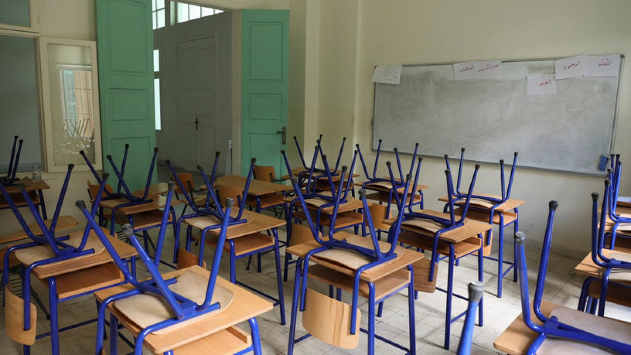 Chairs are placed on classroom tables at a closed public school in Beirut Chairs are placed on classroom tables at a closed public school in Beirut, Lebanon September 22, 2022. REUTERS/Mohamed Azakir