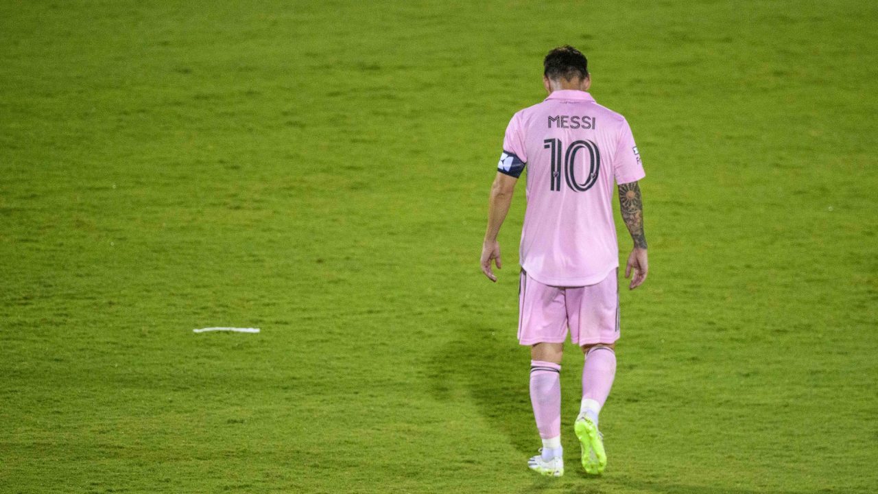 Aug 6, 2023; Frisco, TX, USA; Inter Miami forward Lionel Messi (10) walks back up the field during the second half against FC Dallas at Toyota Stadium. Mandatory Credit: Jerome Miron-USA TODAY Sports
