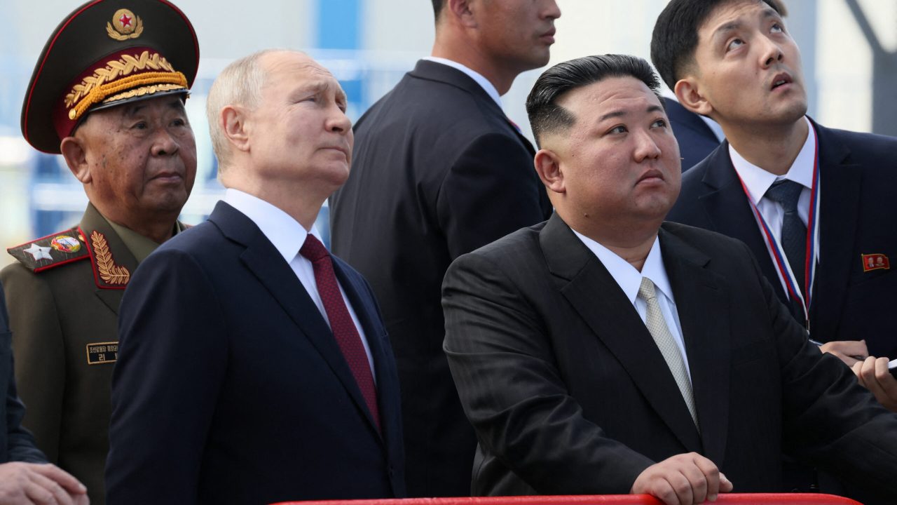 Russia's President Vladimir Putin and North Korea's leader Kim Jong Un visit the Vostochny Сosmodrome in the far eastern Amur region, Russia, September 13, 2023. Sputnik/Mikhail Metzel/Kremlin via REUTERS ATTENTION EDITORS - THIS IMAGE WAS PROVIDED BY A THIRD PARTY.