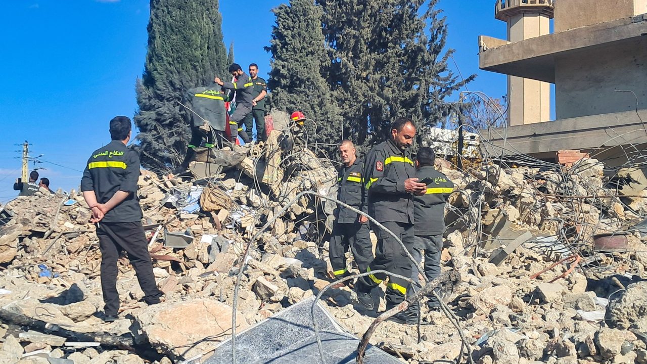 Civil defence members inspect a damaged site in the aftermath of an Israeli strike that hit a civil defence centre in Baalbek on Thursday, Lebanon November 16, 2024. REUTERS/Maher Abou Taleb