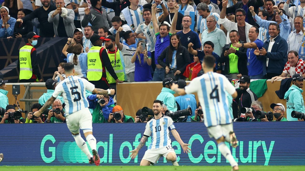Soccer Football - FIFA World Cup Qatar 2022 - Final - Argentina v France - Lusail Stadium, Lusail, Qatar - December 18, 2022 Argentina's Lionel Messi celebrates scoring their third goal REUTERS/Carl Recine