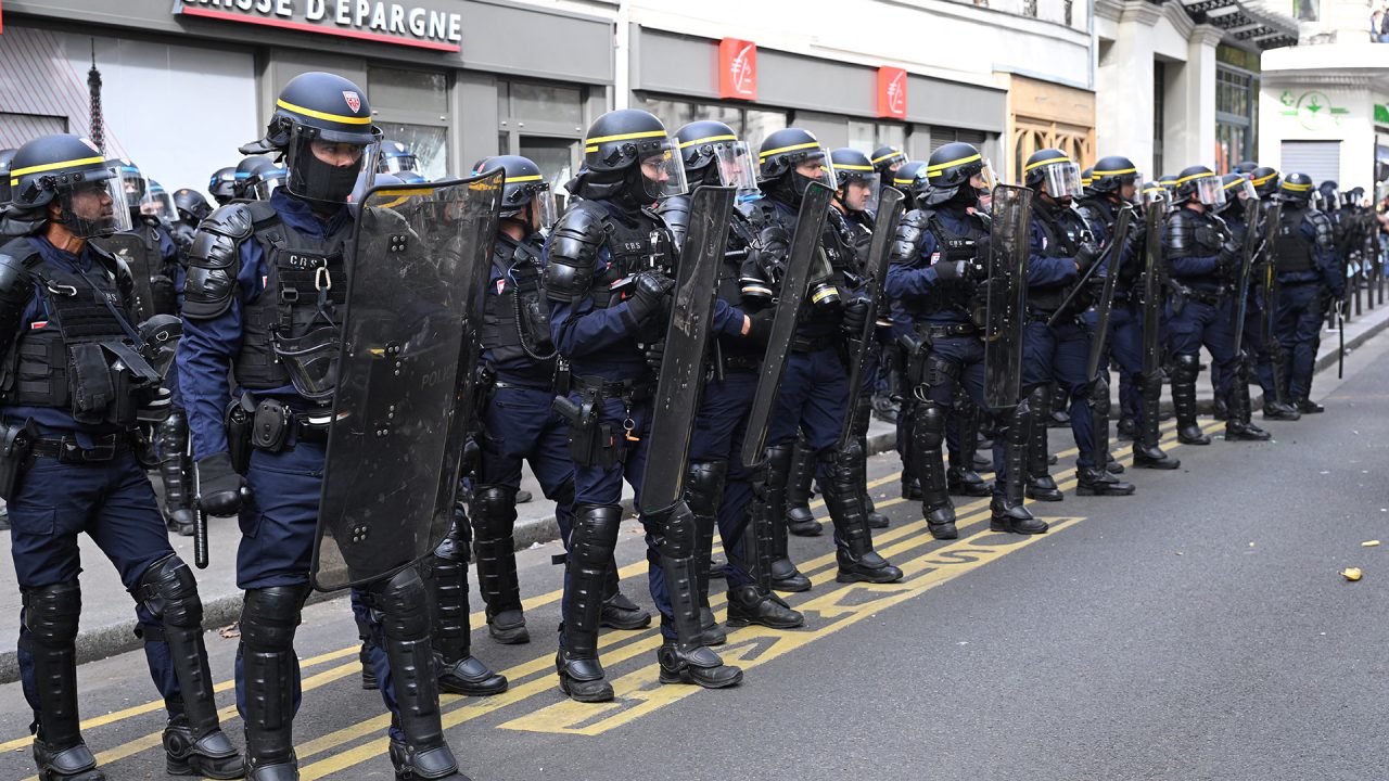 French anti-riot police officers stand guard during a "united march" against police brutality called by NGOs, unions and parties, in Paris on September 23, 2023. - Around 30,000 people are expected in several French cities on September 23, 2023 for demonstrations "against systemic racism, police violence and for public freedoms", called by the far left and various organisations, under heavy police surveillance. (Photo by Bertrand GUAY / AFP)