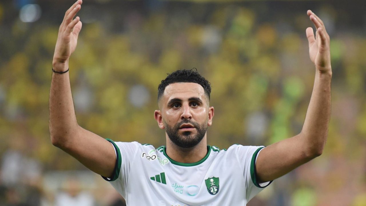 epa10904460 Al-Ahli player Riyad Mahrez celebrates after the Saudi League match between Al-Ittihad and Al-Ahli, in Jeddah, Saudi Arabia, 06 October 2023.  EPA/STR