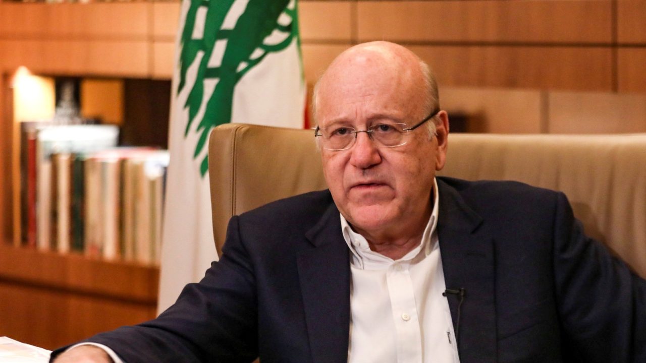 Lebanese Prime Minister Najib Mikati speaks during an interview with Reuters at the government palace in Beirut, Lebanon October 14, 2021. REUTERS/Mohamed Azakir
