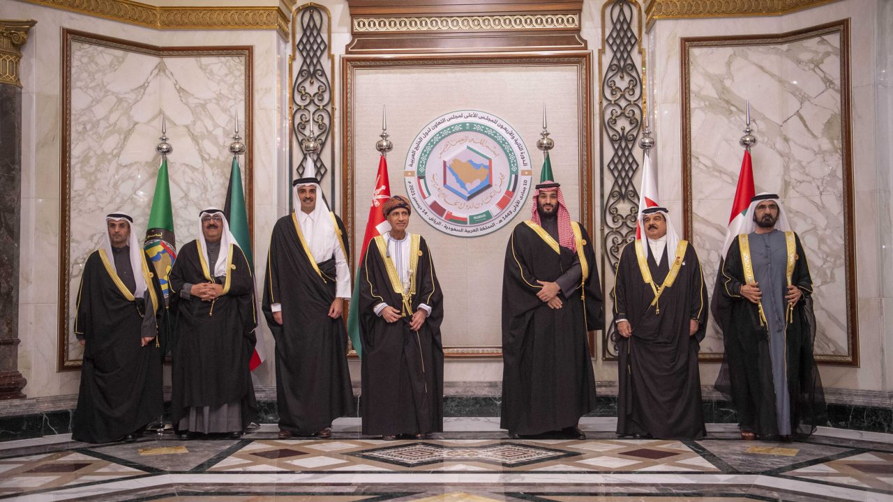 A handout picture provided by the Saudi Royal Palace shows (L to R) Gulf Cooperation Council (GCC) Secretary-General Nayef al-Hajraf, Kuwait's Crown Prince Sheikh Meshal al-Jaber al-Ahmad al-Sabah, Qatar's Emir Sheikh Tamim bin Hamad Al-Thani, Oman's Deputy Prime Minister Fahd bin Mahmud Al-Said, Saudi Crown Prince Mohammed bin Salman, Bahrain's King Hamad bin Isa Al-Khalifa, and the UAE's Vice President and Prime Minister Sheikh Mohammed bin Rashid Al-Maktoum posing for a family photo during the GCC summit in the Saudi capital Riyadh on December 14, 2021. (Photo by Bandar AL-JALOUD / Saudi Royal Palace / AFP) / RESTRICTED TO EDITORIAL USE - MANDATORY CREDIT "AFP PHOTO / SAUDI ROYAL PALACE / BANDAR AL-JALOUD" - NO MARKETING - NO ADVERTISING CAMPAIGNS - DISTRIBUTED AS A SERVICE TO CLIENTS