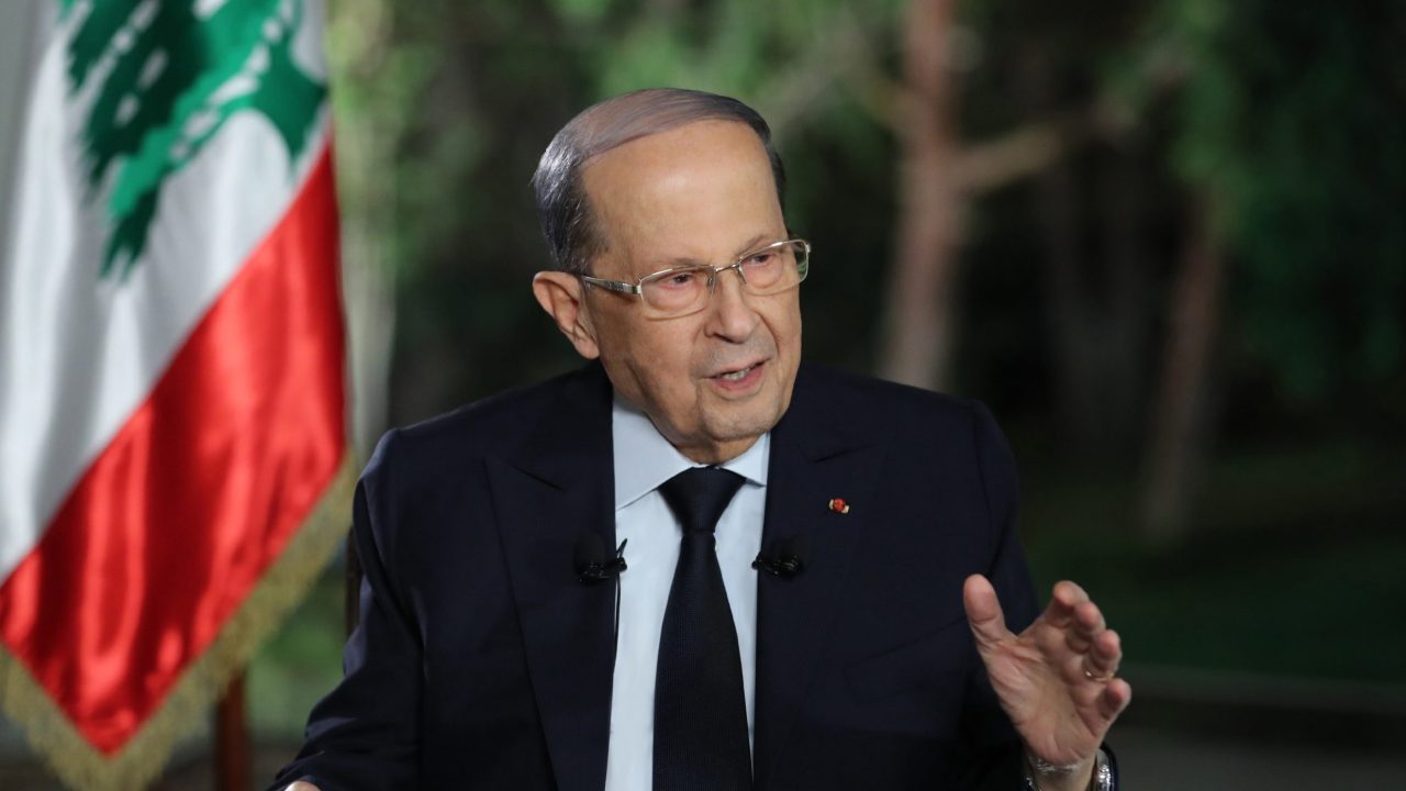 A handout picture provided by the Lebanese photo agency Dalati and Nohra shows Lebanon's President Michel Aoun speaking during a televised interview at the presidential palace in Baabda, east of the capital Beirut, on November 12, 2019. - Aoun proposed the formation of a government composed of politicians and specialists, after nearly a month of unprecedented protests in the country demanding the departure of the political class combined. (Photo by - / DALATI AND NOHRA / AFP) / === RESTRICTED TO EDITORIAL USE - MANDATORY CREDIT "AFP PHOTO / HO / DALATI AND NOHRA" - NO MARKETING - NO ADVERTISING CAMPAIGNS - DISTRIBUTED AS A SERVICE TO CLIENTS ===