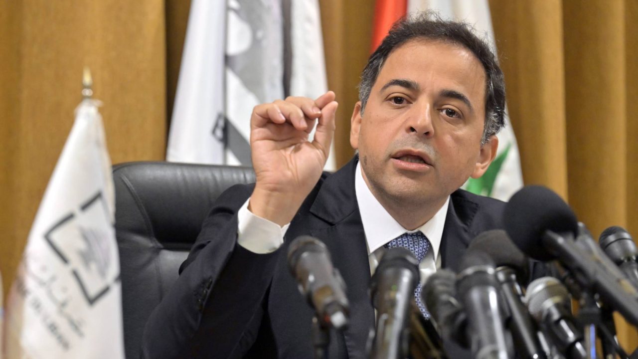 epa10819318 Acting Governor of Lebanon's Central Bank Wassim Mansouri speaks during a press conference at Central Bank headquarters in Beirut, Lebanon, 25 August 2023. The Lebanese Central Bank will not finance the nation's deficit with loans from the government, whether it is in US dollars or Lebanese lira, Mansouri said. He also added that Lebanon's Central Bank has taken all necessary actions to aid the continuing forensic audit process and has given the auditing company the required documents, addressing any claims to the contrary.  EPA/WAEL HAMZEH
