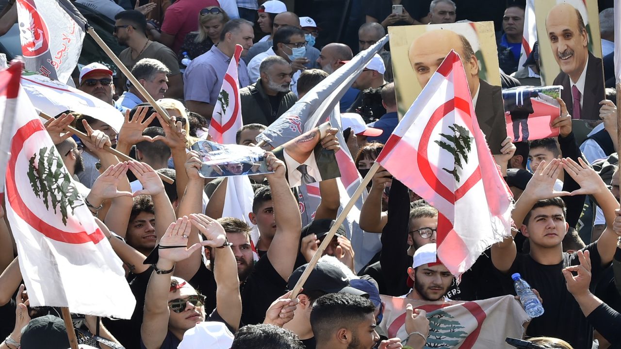 BEIRUT, LEBANON - OCTOBER 27: Lebanese people stage a demonstration in support of the Lebanese Forces party led by Samir Geagea after he was summoned to testify to the military court due to the armed clashes that took place in Beirut on 14 October, at Maarab district in Beirut, Lebanon on October 27, 2021. (Photo by Hussam Shbaro/Anadolu Agency via Getty Images)