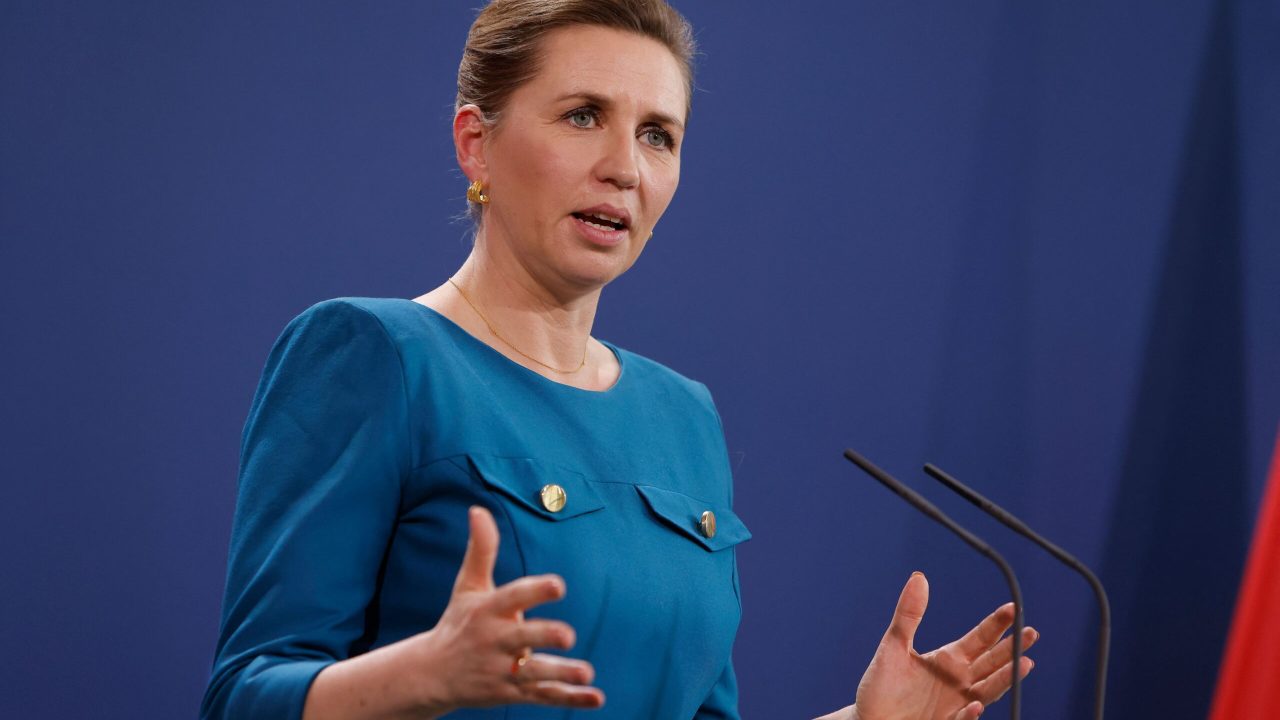 Danish Prime Minister Mette Frederiksen gesticulates as she speaks during a joint press conference with German Chancellor following talks at the Chancellery on February 9, 2022 in Berlin, Germany. - Frederiksen is in Germany for the first time since Scholz became chancellor. (Photo by Michele Tantussi / POOL / AFP) (Photo by MICHELE TANTUSSI/POOL/AFP via Getty Images)