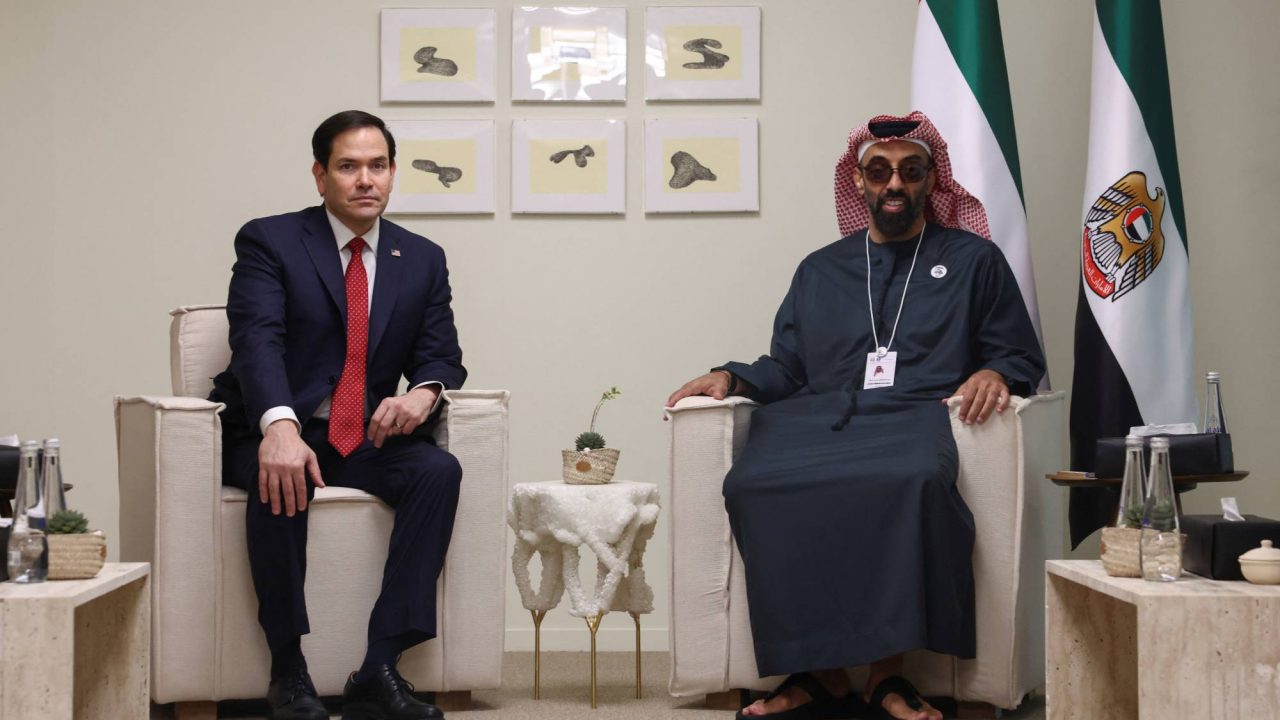 U.S. Secretary of State Marco Rubio poses for a photo with UAE National Security Advisor Sheikh Tahnoon bin Zayed Al Nahyan at ADNEC Centre Abu Dhabi in Abu Dhabi, United Arab Emirates, February 19, 2025. REUTERS/Evelyn Hockstein/Pool