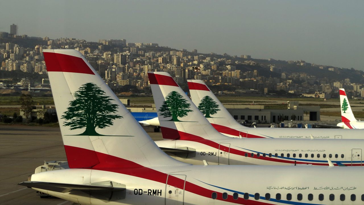 Middle East Airlines Air Liban (MEA) Airbus A321 line up at Rafic Hariri Beirut International Airport on April 11, 2012. AFP PHOTO / PATRICK BAZ / AFP PHOTO / PATRICK BAZ