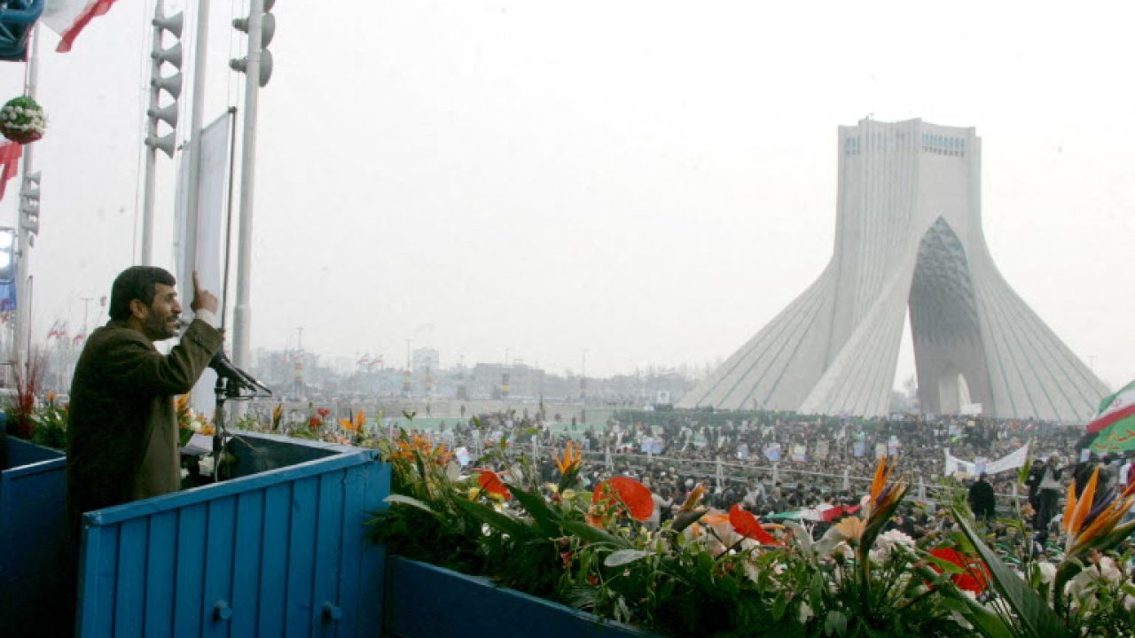 Iranian President Mahmoud Ahmadinejad delivers a speech during a rally to mark the 29th anniversary of the Islamic revolution in Tehran on February 11, 2008. Iran is to launch two more rockets into space in the next few months, Ahmadinejad said, after a firing of a rocket earlier this month sparked international concern. AFP PHOTO/ATTA KENARE (Photo by ATTA KENARE / AFP)