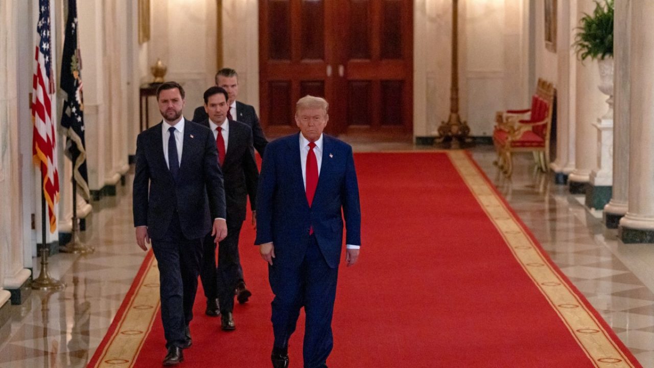 US President Donald Trump (R) arrives to address the nation, alongside US Vice President JD Vance (L), US Secretary of State Marco Rubio (2nd L) and US Secretary of Defense Pete Hegseth (C), from the White House in Washington, DC on June 21, 2025, following the announcement that the US bombed nuclear sites in Iran. President Donald Trump said June 21, 2025 the US military has carried out a "very successful attack" on three Iranian nuclear sites, including the underground uranium enrichment facility at Fordo. "We have completed our very successful attack on the three Nuclear sites in Iran, including Fordow, Natanz, and Esfahan," Trump said in a post on his Truth Social platform. (Photo by CARLOS BARRIA / POOL / AFP)