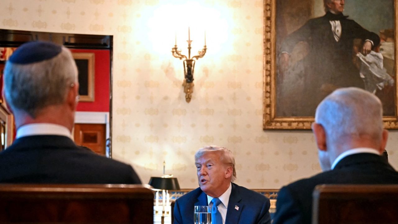 US President Donald Trump meets with Israeli Prime Minister Benjamin Netanyahu (R) at the Blue Room of the White House in Washington, DC, on July 7, 2025. Prime Minister Netanyahu will meet Monday with President Trump, who expressed hope for a "deal this week" between Israel and Hamas that sees hostages released from the Gaza Strip. Indirect negotiations between Israel and Hamas began on July 6 in Doha, aiming to broker a ceasefire and reach an agreement on the release of hostages in exchange for Palestinian prisoners. (Photo by ANDREW CABALLERO-REYNOLDS / AFP)