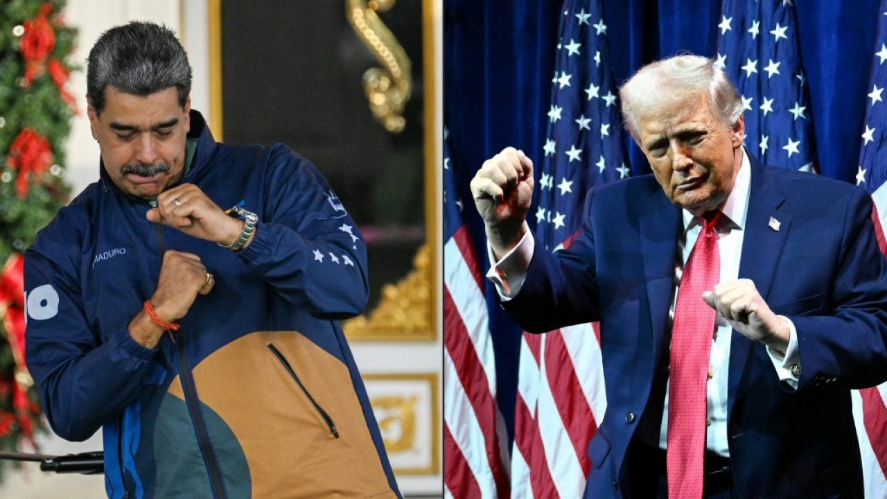 (COMBO) This combination of pictures created on January 08, 2026 shows Venezuela's President Nicolas Maduro dances during the student day celebrations at Miraflores palace in Caracas, November 21, 2025, and US President Donald Trump does a little dance after he delivered remarks at the House Republican Party (GOP) member retreat at the Kennedy Center in Washington, DC, on January 6, 2026. US President Donald Trump on January 6, 2026, accused Nicolas Maduro of imitating his dancing, among other crimes, as he celebrated the capture of the Venezuelan leader in a freewheeling speech to Republican lawmakers. (Photo by Juan BARRETO and Mandel NGAN / AFP)