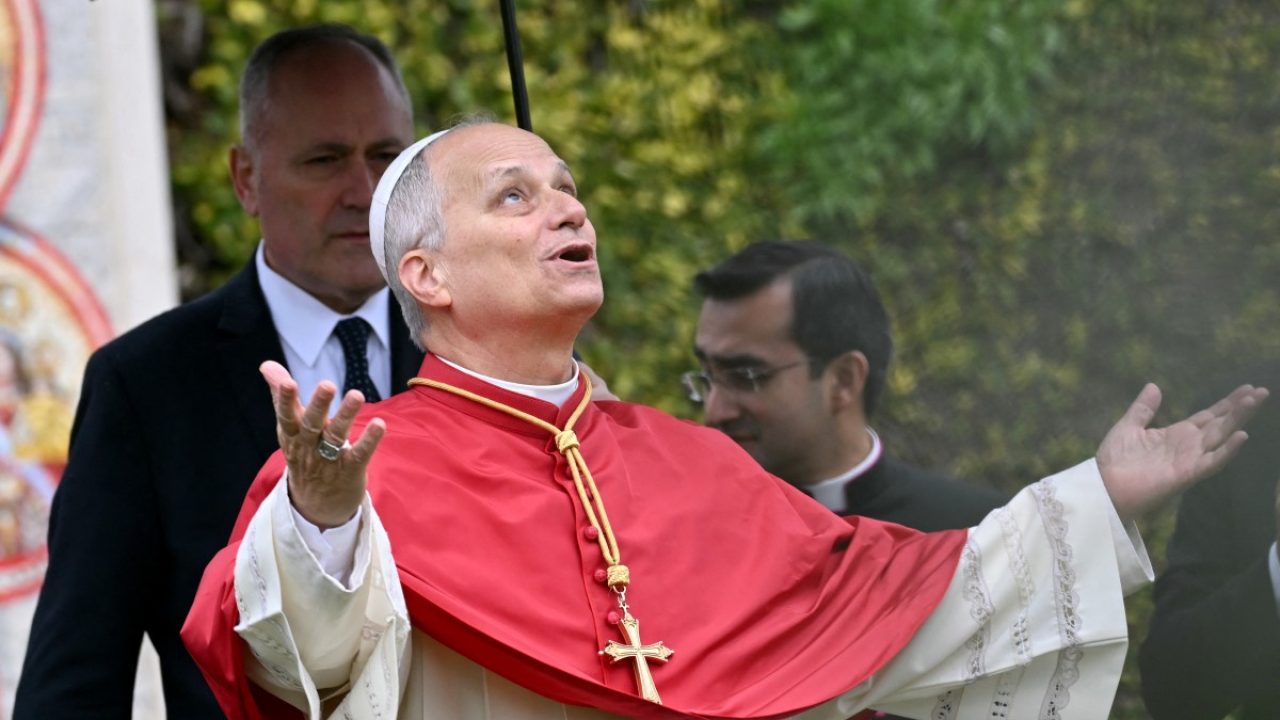 Pope Leo XIV delivers remarks during the unveiling of a Marian mosaic of the Virgin Mary along with a statue of 16th-century Saint Rose of Lima, by Peruvian artist Lenin Alvarez Medina, during an inauguration ceremony in the Vatican Gardens, at the Vatican, on January 31, 2026. (Photo by Filippo MONTEFORTE / AFP)