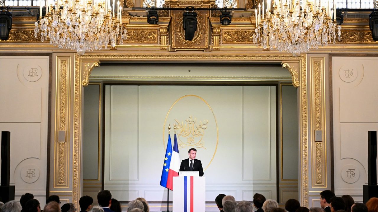 France's President Emmanuel Macron speaks during a ceremony commemorating the 20th anniversary of the murder of Ilan Halimi, a 23-year-old French Jew who was tortured and murdered in 2006, at The Elysee Presidential Palace in Paris on February 13, 2026. (Photo by Bertrand GUAY / POOL / AFP)