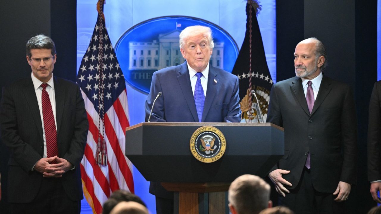 US President Donald Trump speaks during a press conference in the Brady Press Briefing Room of the White House in Washington, DC, on February 20, 2026. US President Donald Trump will hold a press conference Friday to discuss the Supreme Court's ruling against a major part of his tariffs, spokeswoman Karoline Leavitt said. (Photo by Mandel NGAN / AFP)