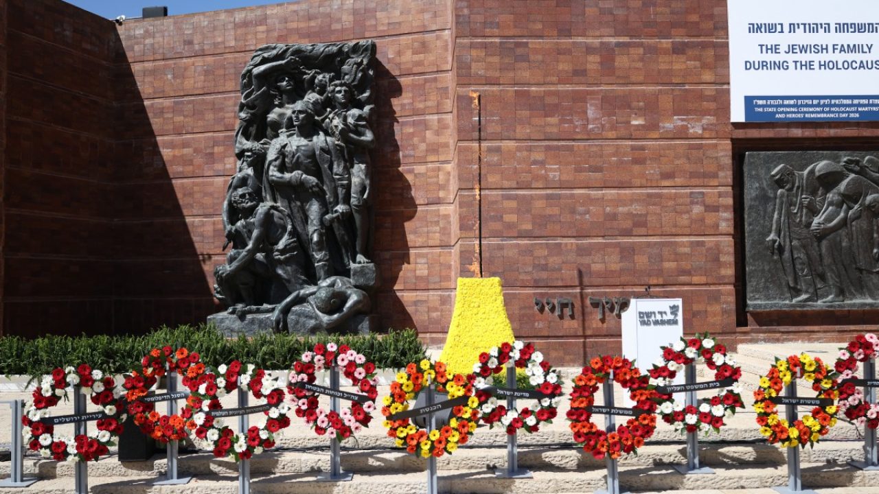 Wreaths are laid out during the annual Holocaust Remembrance Day at the Yad Vashem Holocaust Memorial Museum in Jerusalem on April 14, 2026. Israel came to a standstill on April 14, as sirens sounded across the country in tribute to the six million Jews murdered by the Nazis during World War II. This year's commemoration comes amid a fragile two-week ceasefire with Iran after a deadly war that began on February 28, when a joint US-Israeli air attack killed Iran's supreme leader. (Photo by Ilia YEFIMOVICH / AFP)