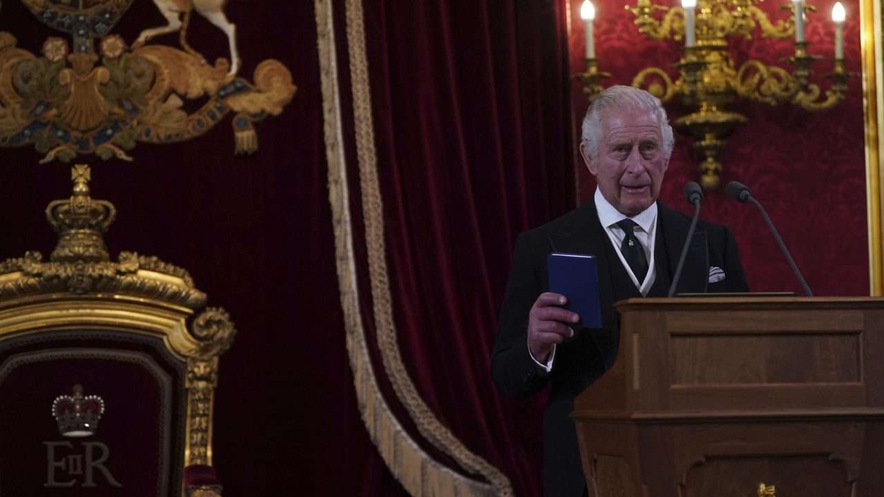 King Charles III during the Accession Council at St James's Palace, London, Saturday, Sept. 10, 2022, where he is formally proclaimed monarch. (Victoria Jones/Pool Photo via AP)