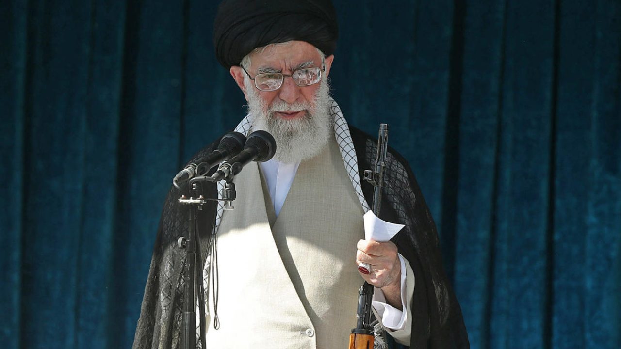 A handout picture provided by the Iranian supreme leader office on June 5, 2019 shows the Islamic republic's supreme leader, Ayatollah Ali Khamenei, holding a rifle as he delivers the Eid al-Fitr sermon during prayers at the Imam Khomeini Mausoleum in Tehran to mark the end of the Muslim fasting month of Ramadan. (Photo by HO / IRANIAN SUPREME LEADER'S WEBSITE / AFP) / === RESTRICTED TO EDITORIAL USE - MANDATORY CREDIT "AFP PHOTO / HO / KHAMENEI.IR" - NO MARKETING NO ADVERTISING CAMPAIGNS - DISTRIBUTED AS A SERVICE TO CLIENTS ===