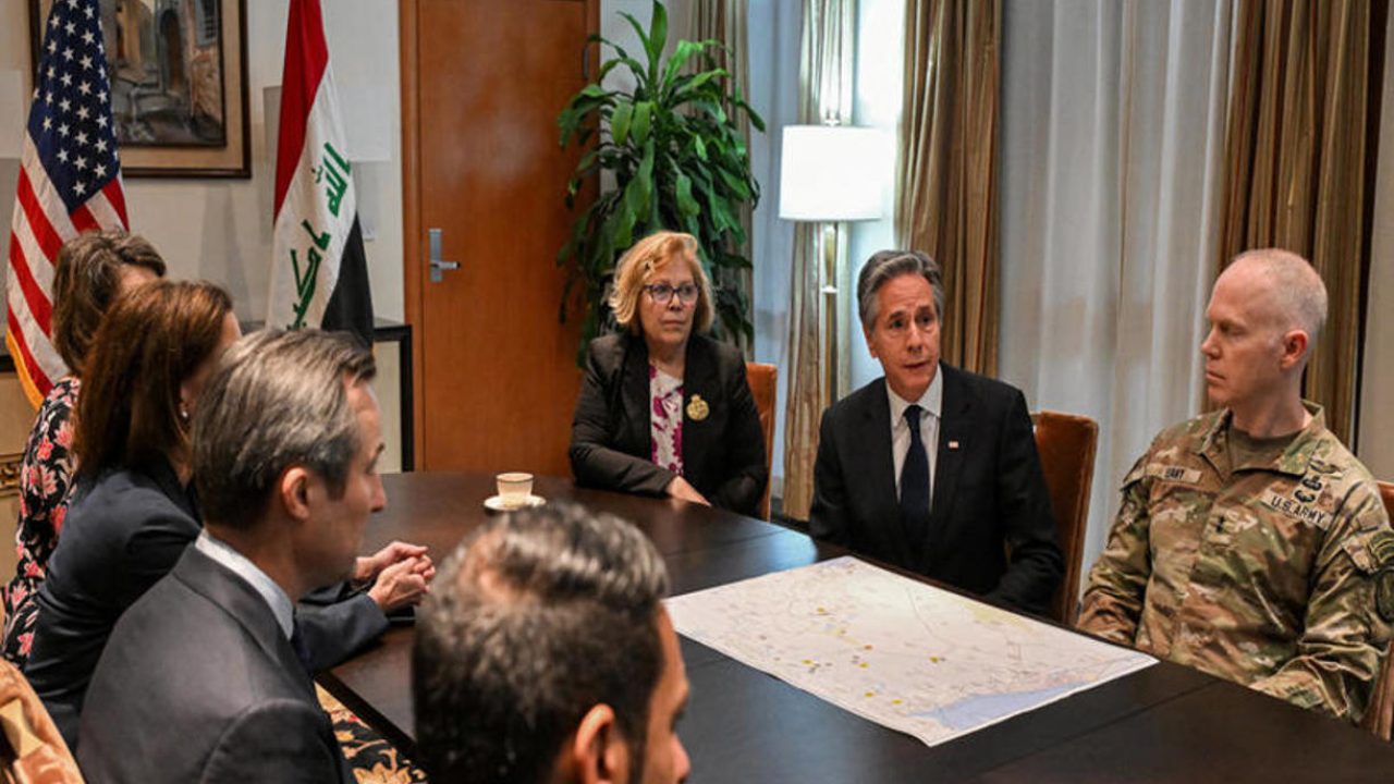 US Secretary of State Antony Blinken attends a briefing with US Army Major General Kevin Leahy (R), Commander of the Combined Joint Task Force ? Operation Inherent Resolve, at the US Embassy headquarters in Baghdad December 13, 2024.     ANDREW CABALLERO-REYNOLDS/Pool via REUTERS