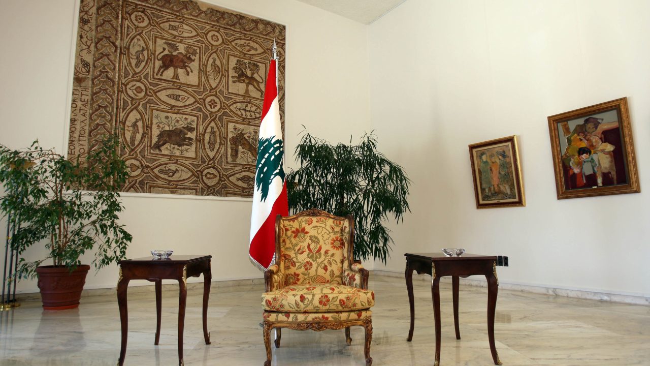 The Lebanese presidential seat is seen empty at the presidential palace in Baabda on May 22, 2008. Lebanon's parliament speaker Nabih Berri has formally summoned lawmakers to elect army chief Michel Sleiman president on May 25, his office announced today. AFP PHOTO/PATRICK BAZ