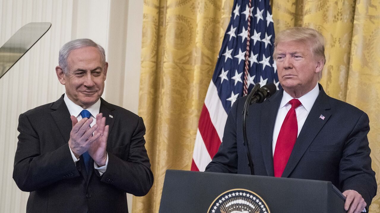 WASHINGTON, DC - JANUARY 28: U.S. President Donald Trump and Israeli Prime Minister Benjamin Netanyahu participate in a joint statement in the East Room of the White House on January 28, 2020 in Washington, DC. The news conference was held to announce the Trump administration's plan to resolve the Israeli-Palestinian conflict. (Photo by Sarah Silbiger/Getty Images)