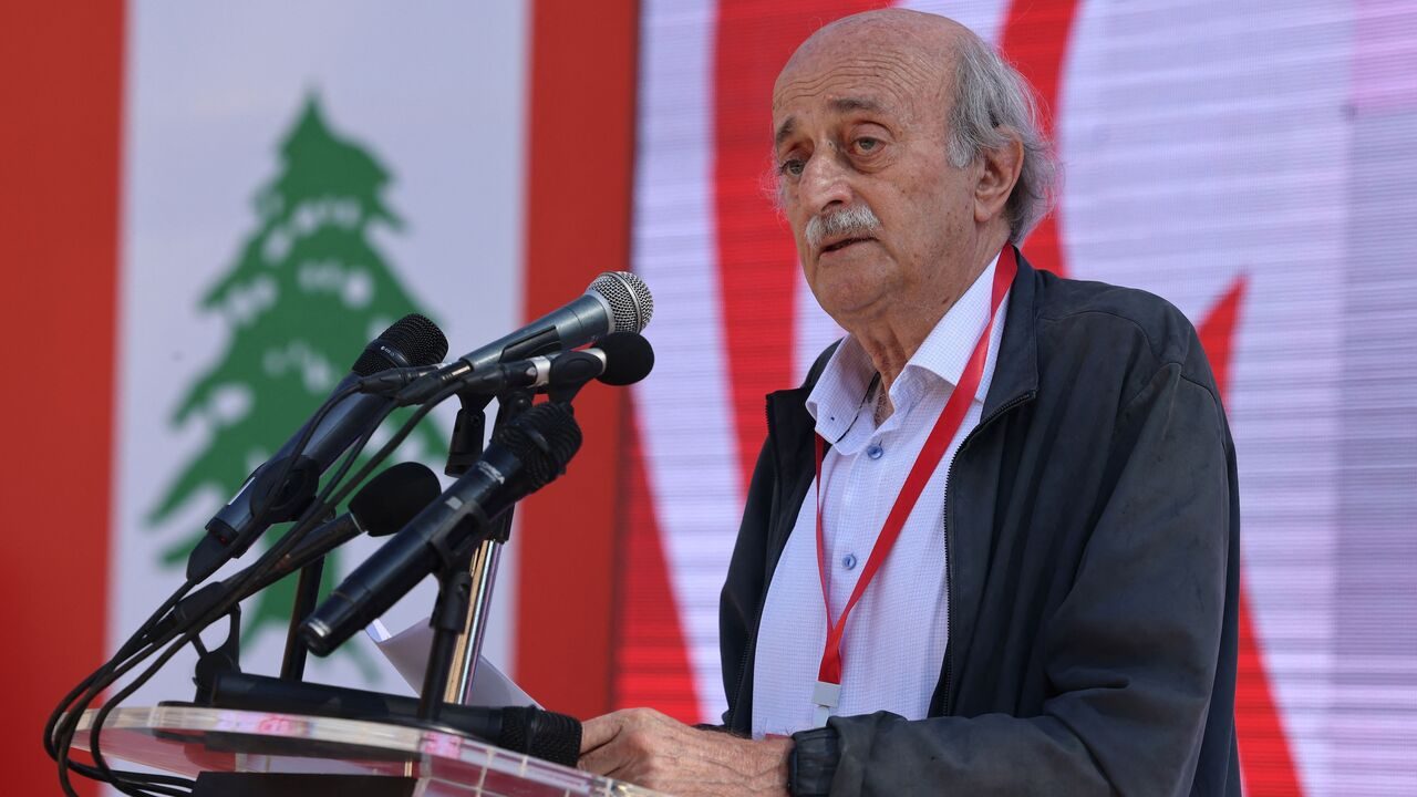 Walid Jumblatt delivers a speech during a gathering in Ain Zhalta on June 25, 2023, where his son was chosen to succeed him as the new leader of the Progressive Socialist Party (PSP). The PSP was founded by Taymur's grandfather Kamal and has become all but synonymous with the Druze community. His father Walid, 73, had already passed the leadership of his community to his son in 2017. (Photo by JOSEPH EID / AFP) (Photo by JOSEPH EID/AFP via Getty Images)