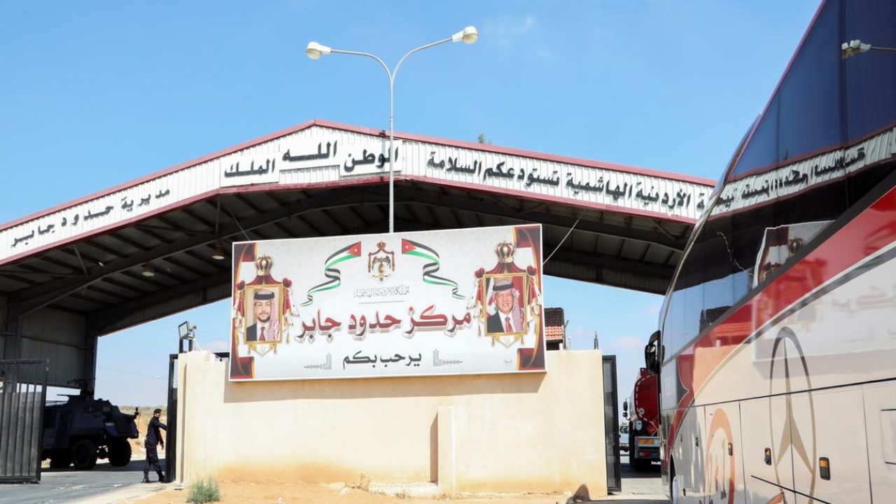 A bus waits at Jaber border crossing with Syria, near Mafraq, Jordan, September 29, 2021.REUTERS/Alaa Al Sukhni