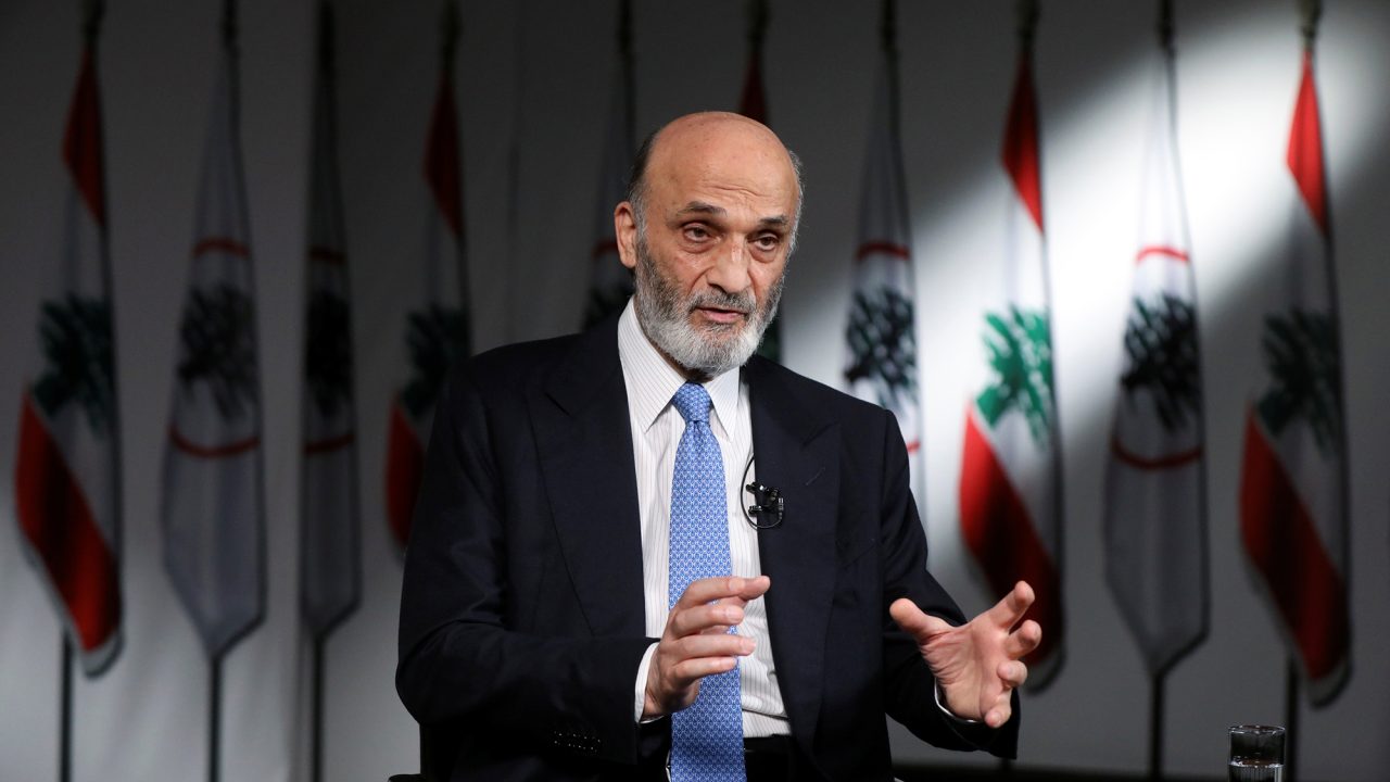 Samir Geagea, the leader of Lebanon's Christian Lebanese Forces (LF) party, speaks during an interview with Reuters at his residence in Maarab, Lebanon November 29, 2021. Picture taken November 29, 2021. REUTERS/Mohamed Azakir