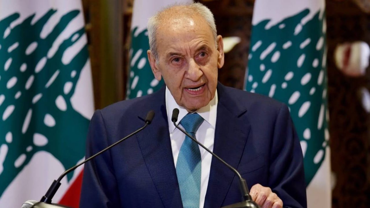 Nabih berri speech with leb flags