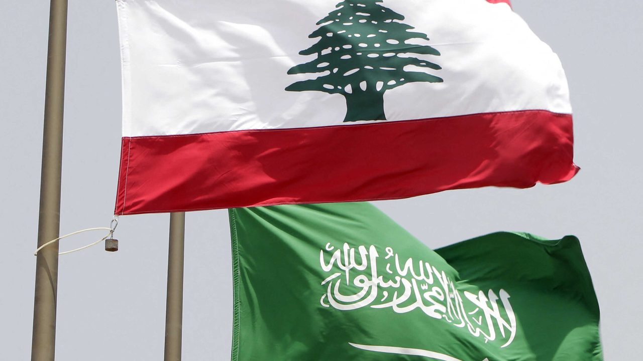 FILES-LEBANON-SAUDI-POLITICS-FLAG (FILES) In this file photo taken on July 30, 2010, Lebanese (top) and Saudi national flags fly in the Lebanese capital Beirut. - Saudi Arabia said on October 29 it was recalling its ambassador to Lebanon and giving Beirut's envoy 48 hours to leave Riyadh, after "insulting" remarks made by Lebanon's minister of information on the Yemen war. (Photo by Joseph EID / AFP)